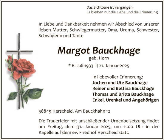 Traueranzeige von Margot Bauckhage von WA