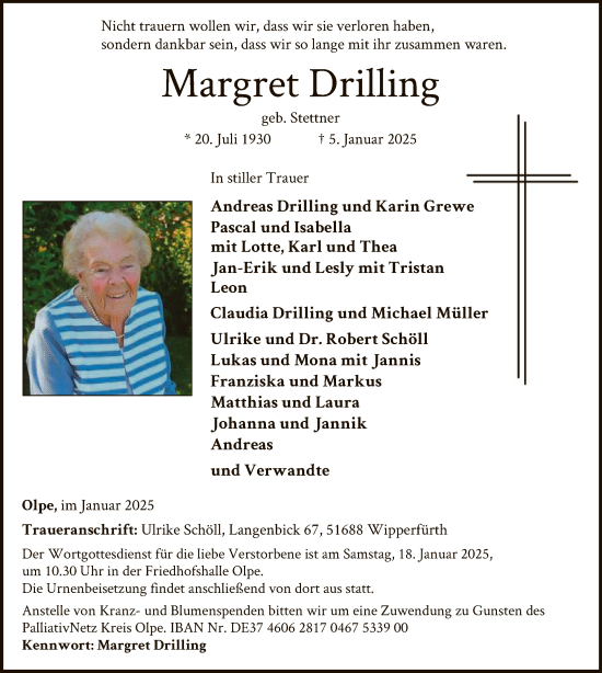 Traueranzeige von Margret Drilling von WA