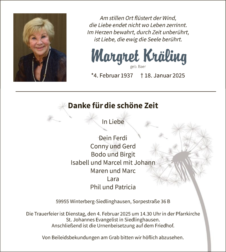  Traueranzeige für Margret Kräling vom 25.01.2025 aus WA