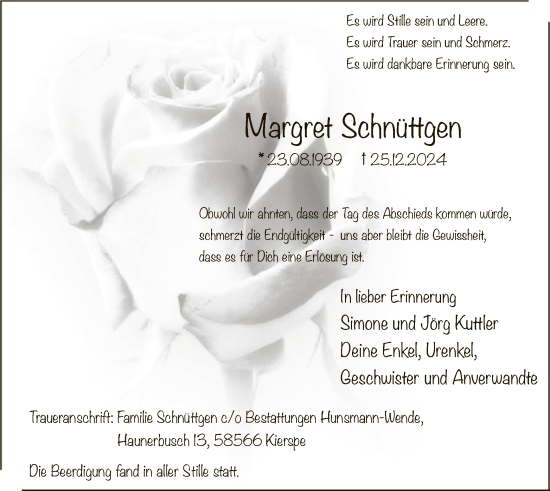 Traueranzeige von Margret Schnüttgen von WA