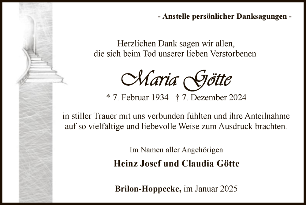  Traueranzeige für Maria Götte vom 18.01.2025 aus WA