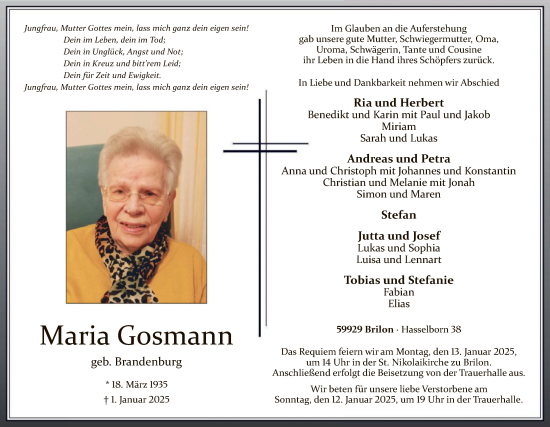 Traueranzeige von Maria Gosmann von WA