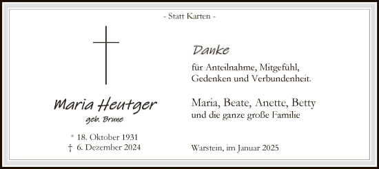 Traueranzeige von Maria Heutger von WA