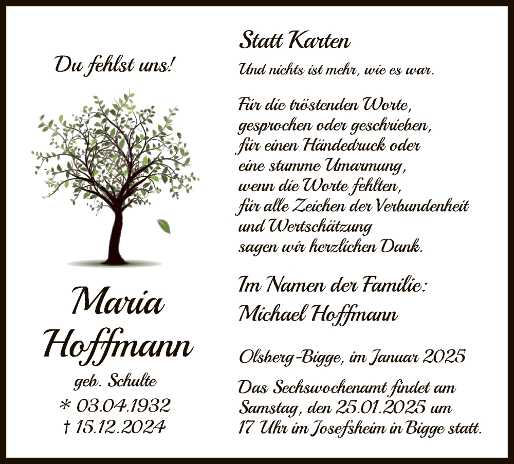 Traueranzeige für Maria Hoffmann vom 18.01.2025 aus WA