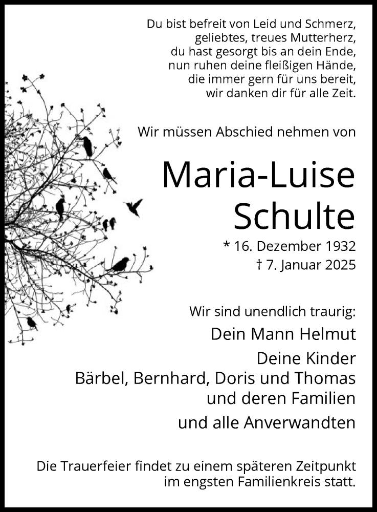  Traueranzeige für Maria-Luise Schulte vom 11.01.2025 aus WA