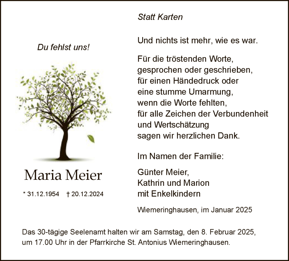  Traueranzeige für Maria Meier vom 25.01.2025 aus WA