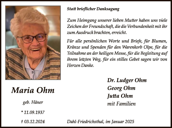 Traueranzeige von Maria Ohm von WA