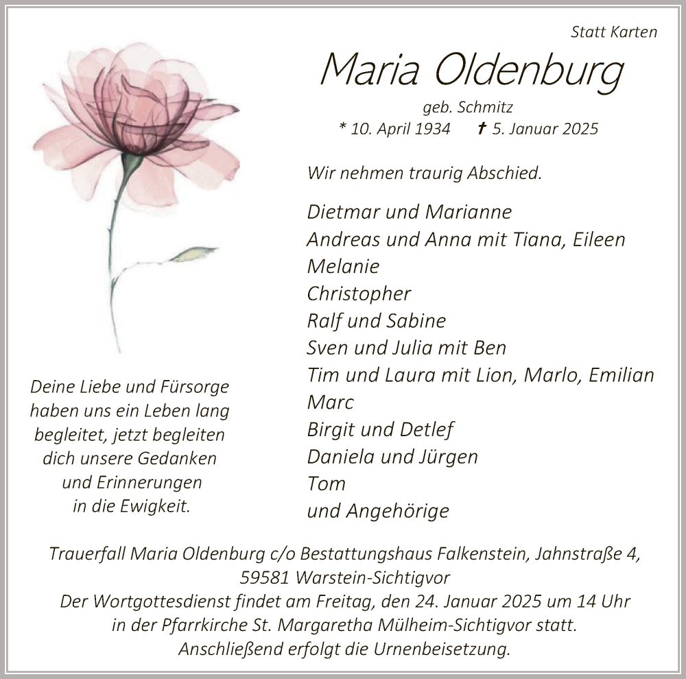  Traueranzeige für Maria Oldenburg vom 18.01.2025 aus WA