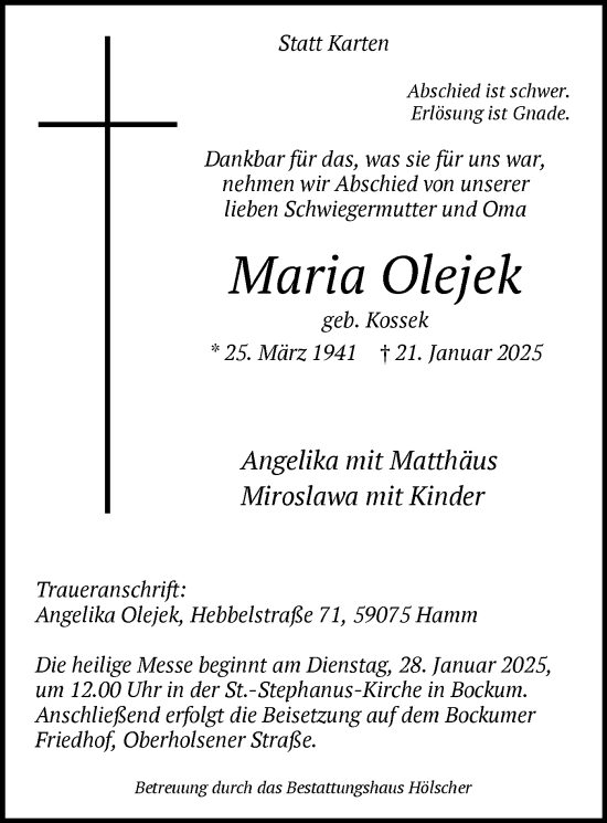 Traueranzeige von Maria Olejek von WA