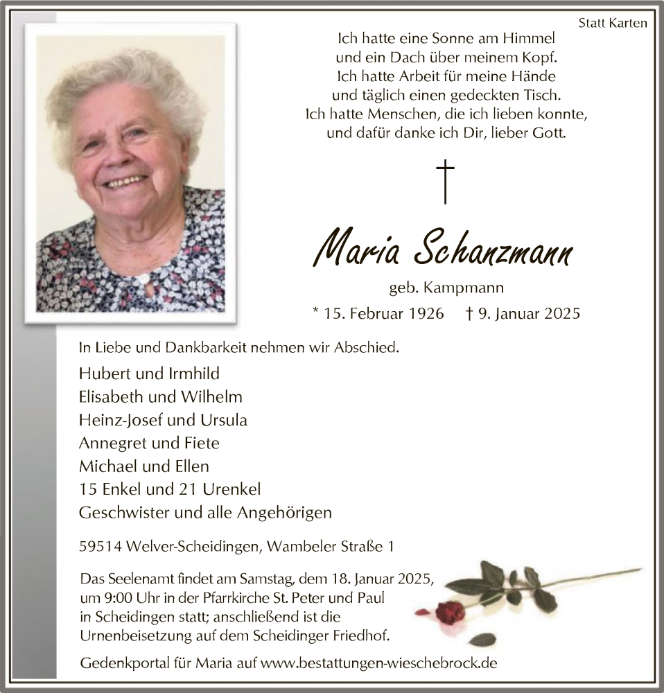  Traueranzeige für Maria Schanzmann vom 11.01.2025 aus WA