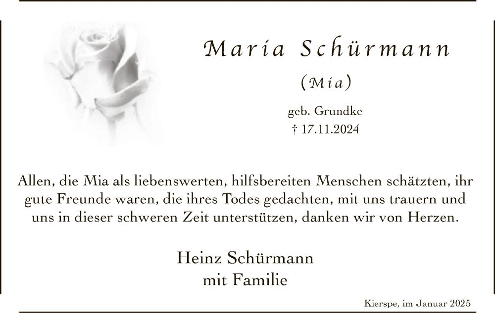  Traueranzeige für Maria Schürmann vom 11.01.2025 aus WA