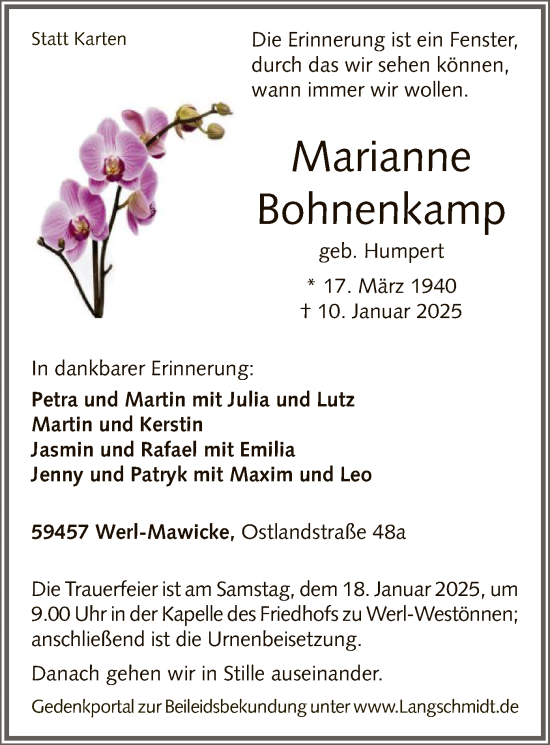 Traueranzeige von Marianne Bohnenkamp von WA