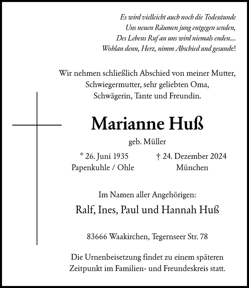  Traueranzeige für Marianne Huß vom 11.01.2025 aus WA