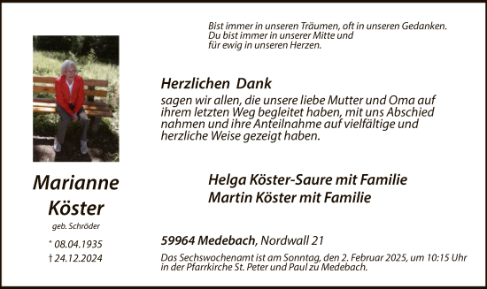 Traueranzeige von Marianne Köster von WA