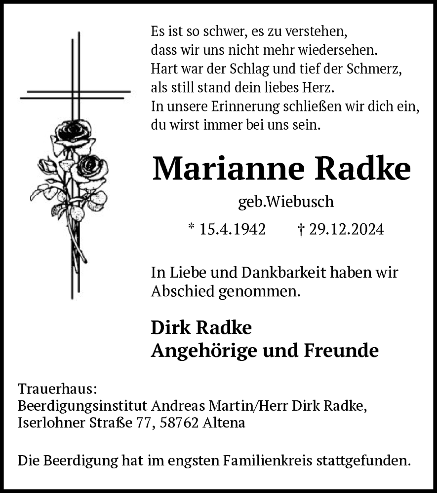  Traueranzeige für Marianne Radke vom 18.01.2025 aus WA