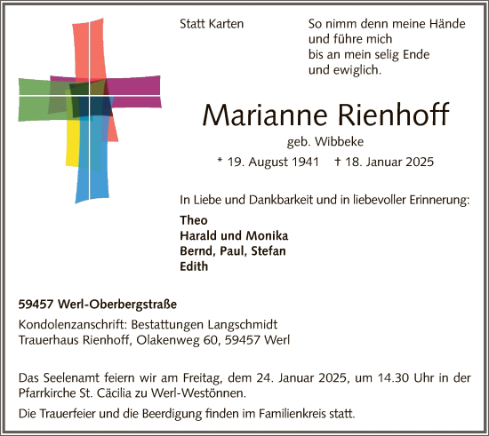 Traueranzeige von Marianne Rienhoff von WA