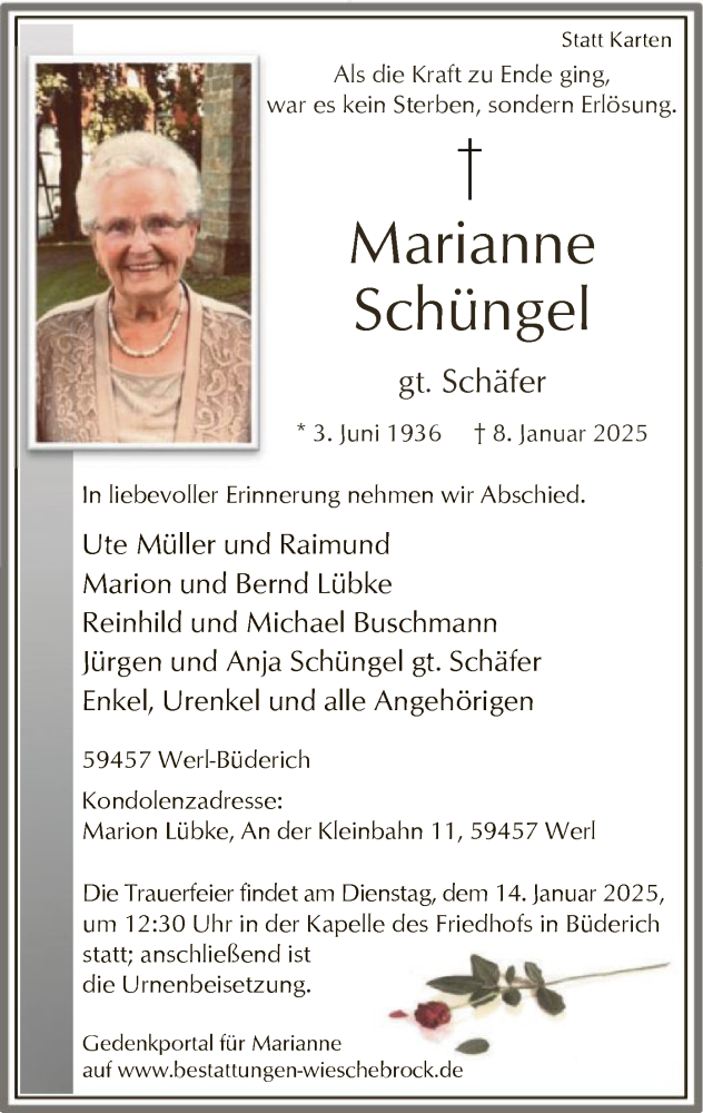  Traueranzeige für Marianne Schüngel vom 09.01.2025 aus WA