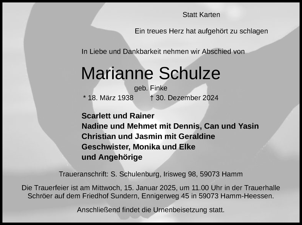  Traueranzeige für Marianne Schulze vom 11.01.2025 aus WA
