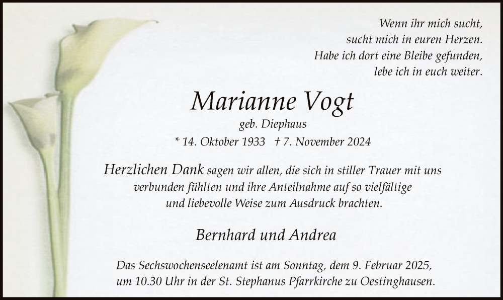  Traueranzeige für Marianne Vogt vom 18.01.2025 aus WA