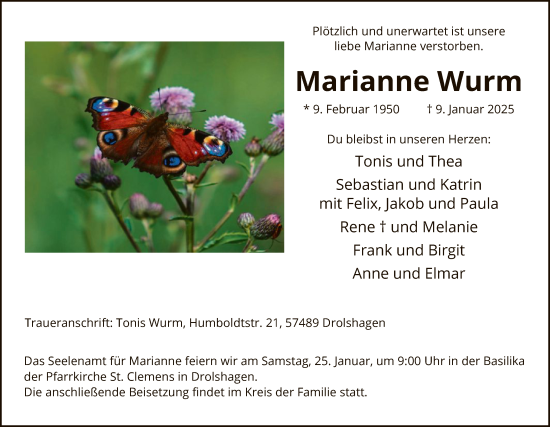 Traueranzeige von Marianne Wurm von WA