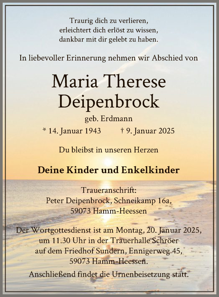  Traueranzeige für Maria Therese Deipenbrock vom 18.01.2025 aus WA