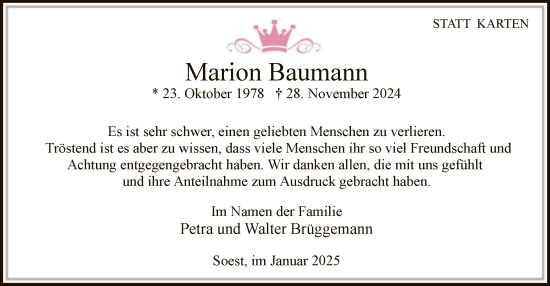 Traueranzeige von Marion Baumann von WA