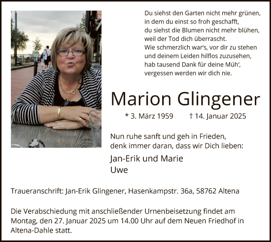 Traueranzeige von Marion Glingener von WA