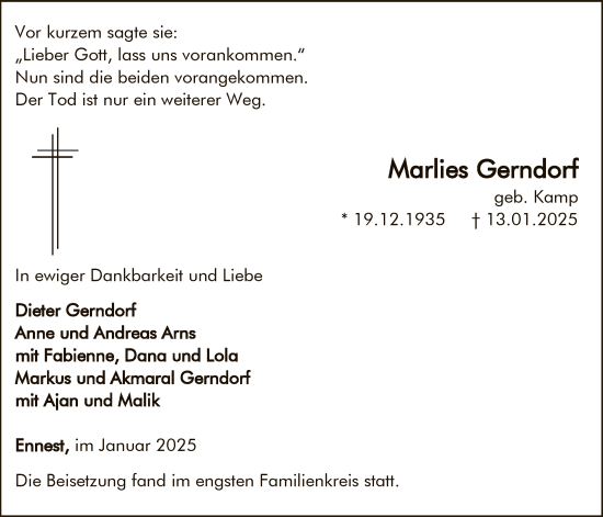 Traueranzeige von Marlies Gerndorf von WA