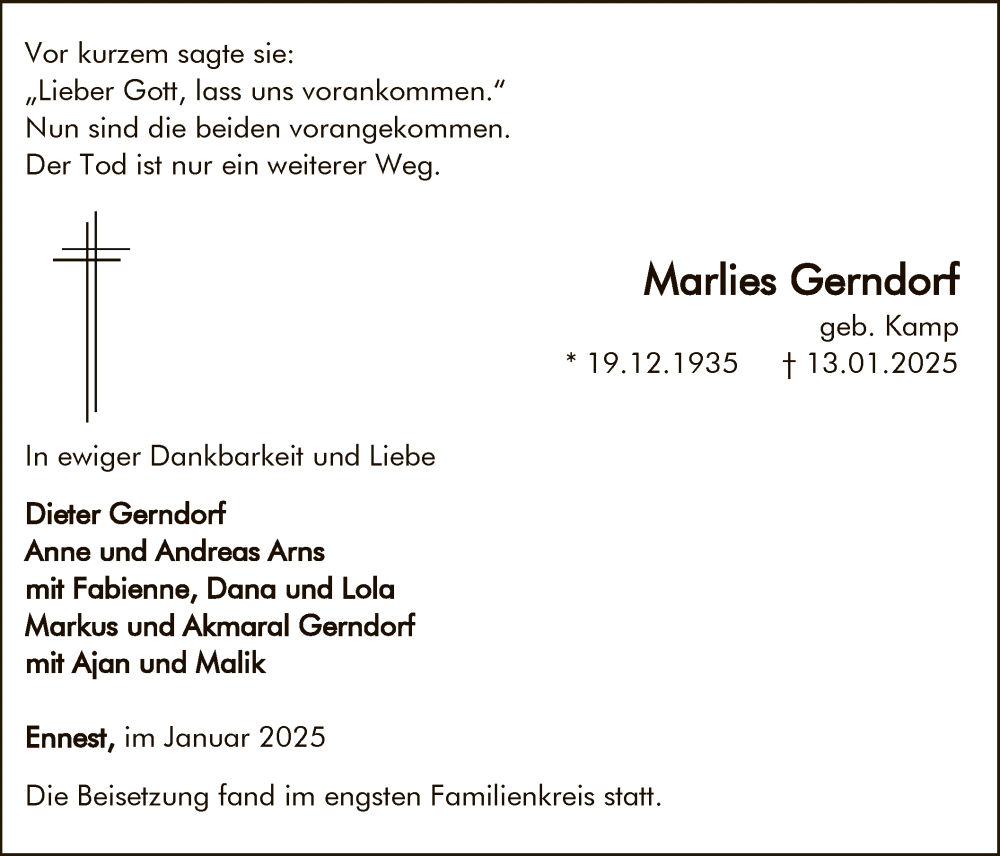  Traueranzeige für Marlies Gerndorf vom 25.01.2025 aus WA