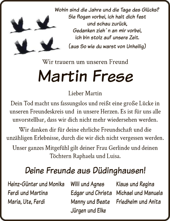 Traueranzeige von Martin Frese von WA