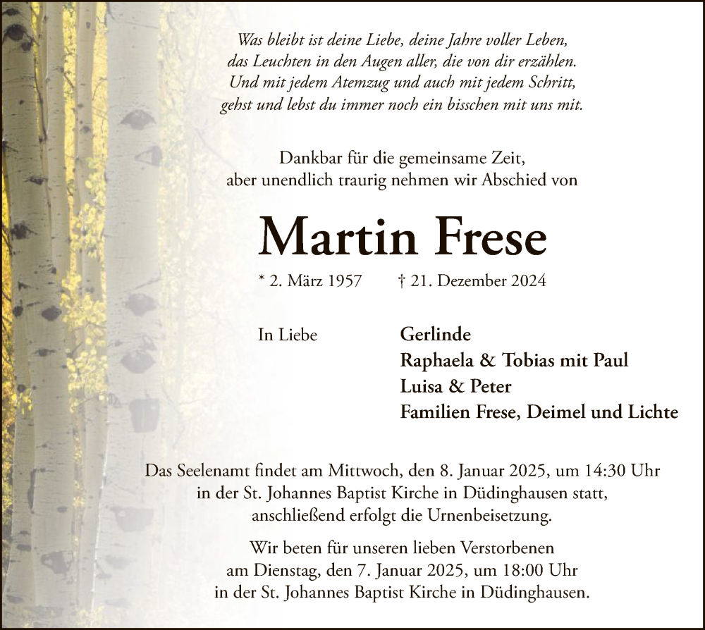  Traueranzeige für Martin Frese vom 04.01.2025 aus WA
