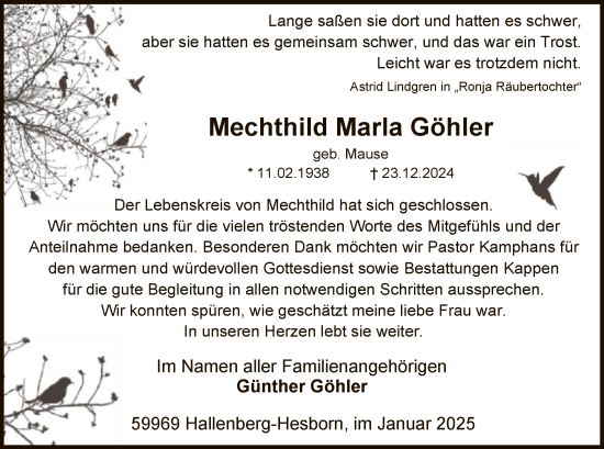 Traueranzeige von Mechthild Marla Göhler von WA