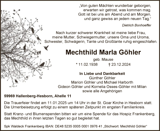 Traueranzeige von Mechthild Marla Göhler von WA