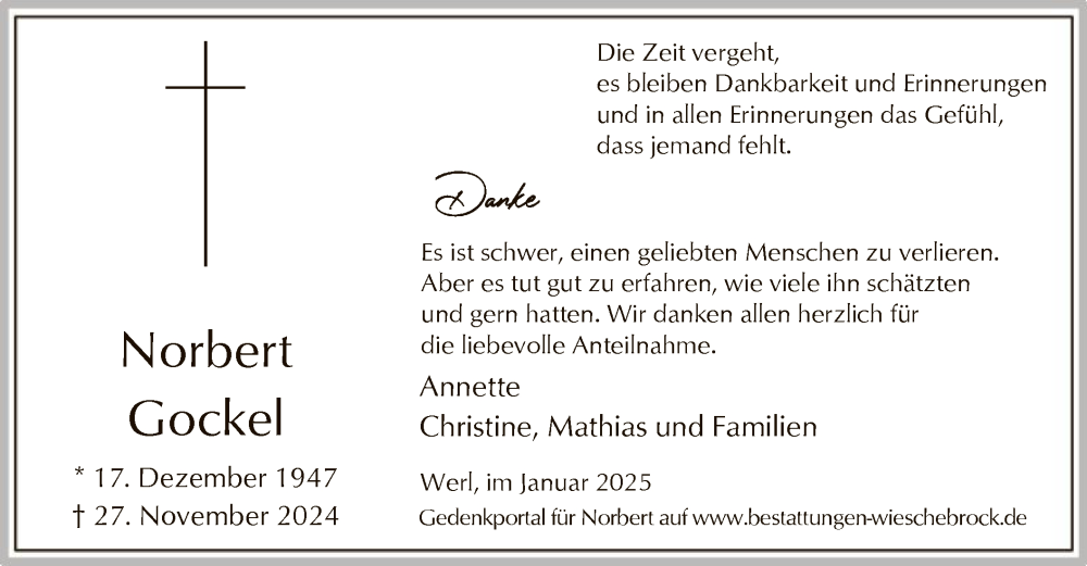  Traueranzeige für Norbert Gockel vom 11.01.2025 aus WA