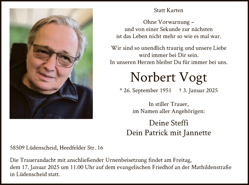  Traueranzeige für Norbert Vogt vom 13.01.2025 aus WA