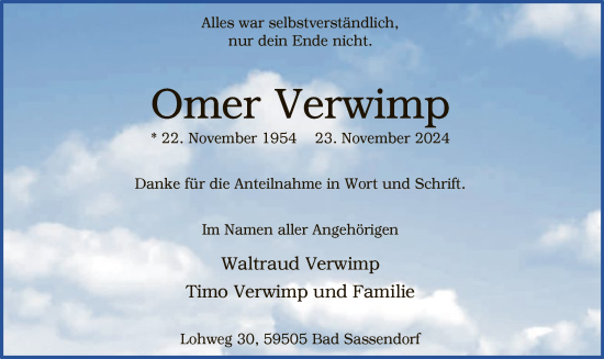 Traueranzeige von Omer Verwimp von WA