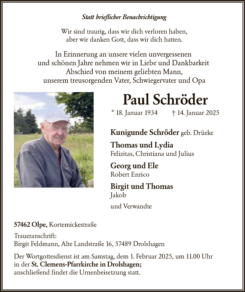  Traueranzeige für Paul Schröder vom 25.01.2025 aus WA