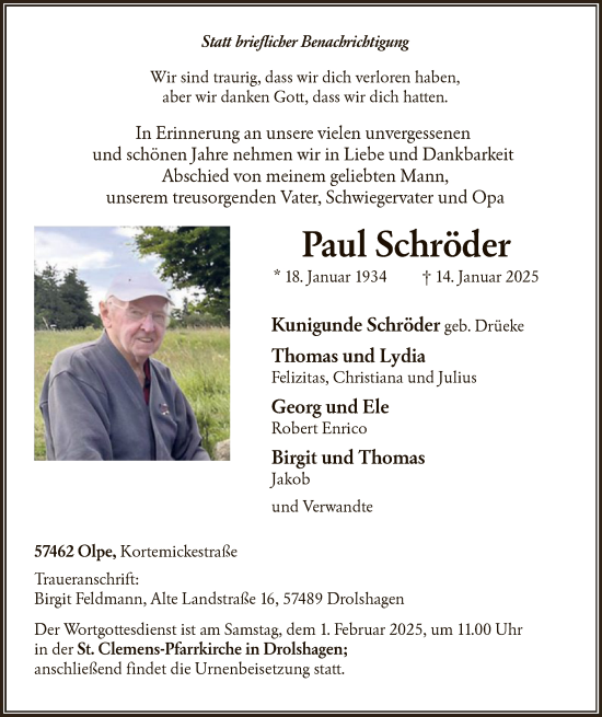 Traueranzeige von Paul Schröder von WA