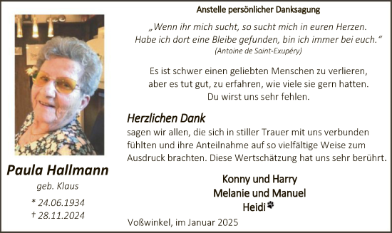 Traueranzeige von Paula Hallmann von WA