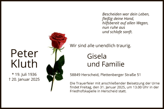 Traueranzeige von Peter Kluth von WA