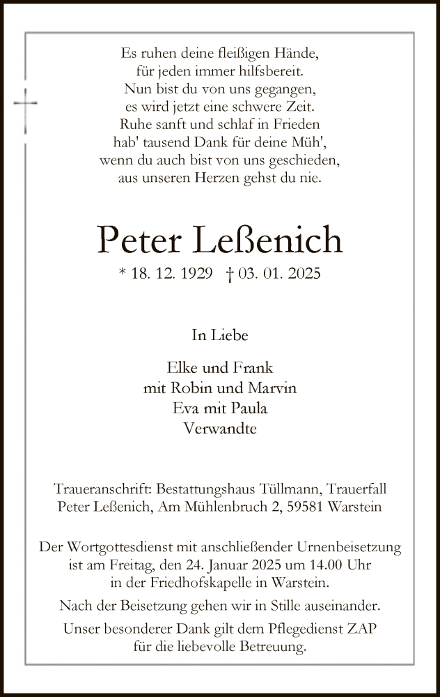  Traueranzeige für Peter Leßenich vom 18.01.2025 aus WA