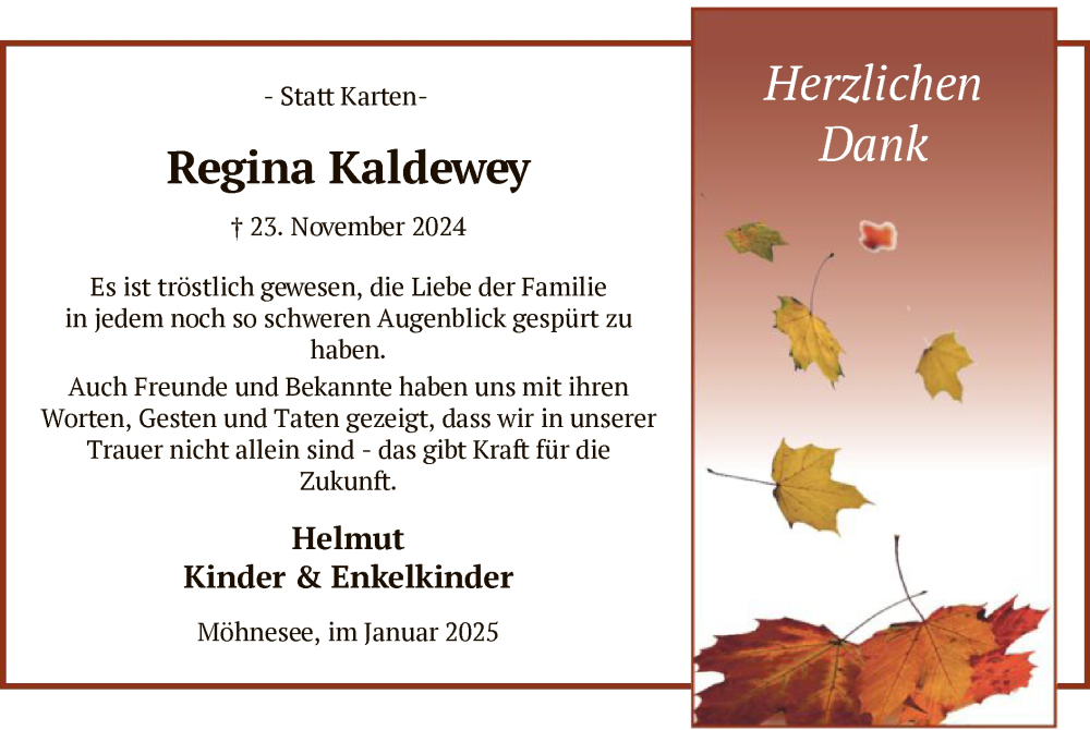 Traueranzeige für Regina Kaldewey vom 18.01.2025 aus WA