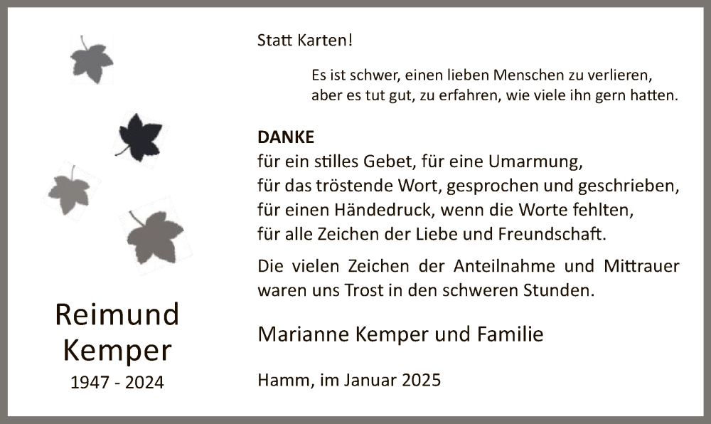  Traueranzeige für Reimund Kemper vom 18.01.2025 aus WA