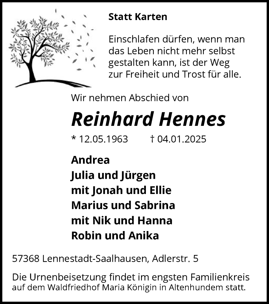  Traueranzeige für Reinhard Hennes vom 11.01.2025 aus WA