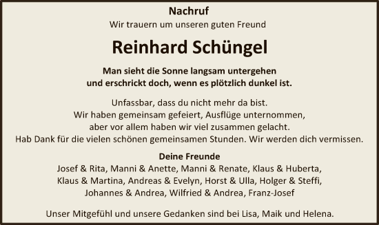 Traueranzeige von Reinhard Schüngel von WA