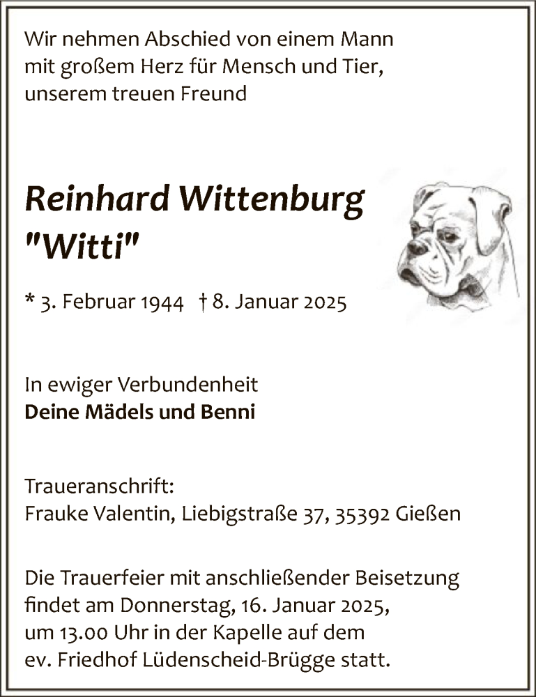  Traueranzeige für Reinhard Wittenburg vom 14.01.2025 aus WA