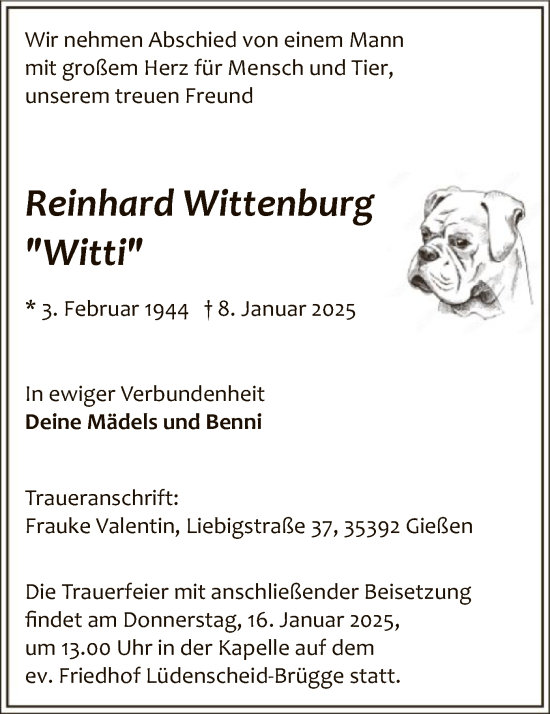 Traueranzeige von Reinhard Wittenburg von WA