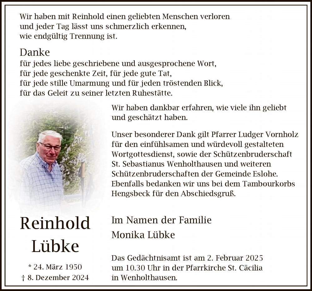  Traueranzeige für Reinhold Lübke vom 25.01.2025 aus WA