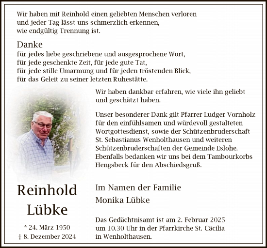 Traueranzeige von Reinhold Lübke von WA