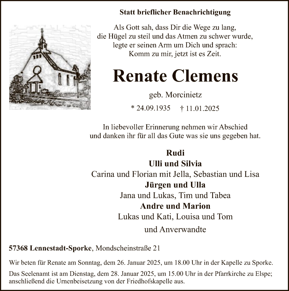  Traueranzeige für Renate Clemens vom 18.01.2025 aus WA